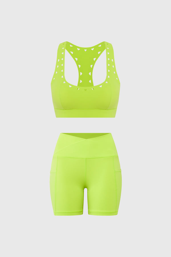 Model wears Racerback Laser Cut Sports Bra + V-Waist Vigorous Short | WISKII 