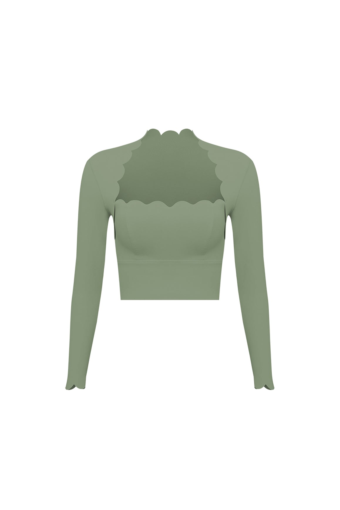 Scallop Cropped Long Sleeve Top in Sage