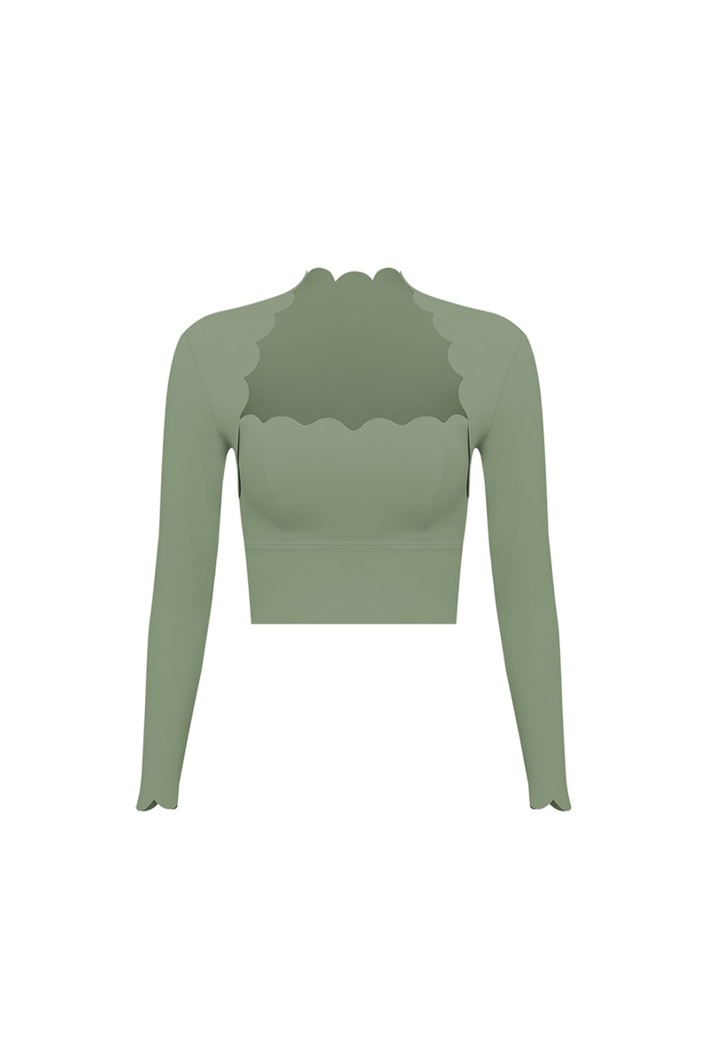 Scallop Cropped Long Sleeve Top in Sage