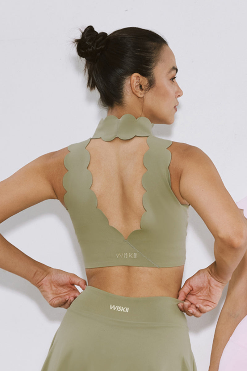 Model wears High Neck Scallop V-Back Bra | WISKII ACTIVE