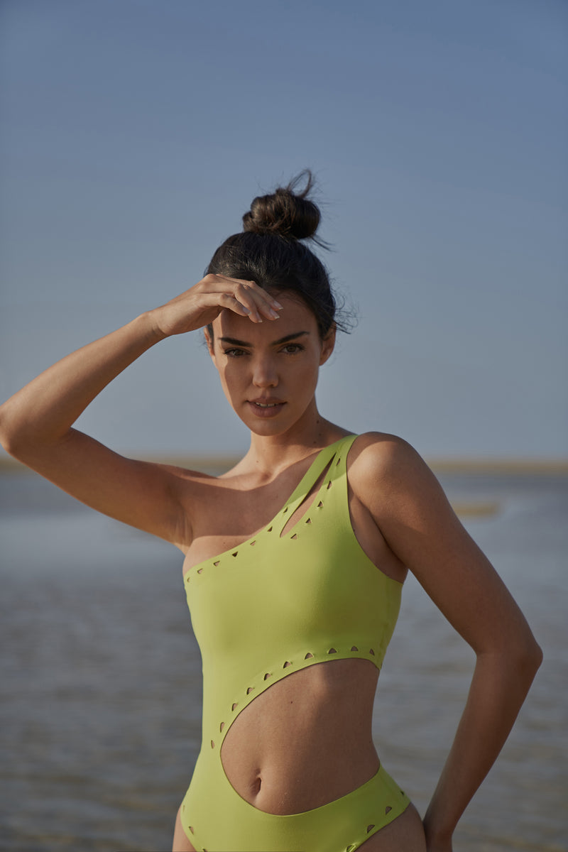 One Shoulder Laser Cut Swimsuit Lime Green