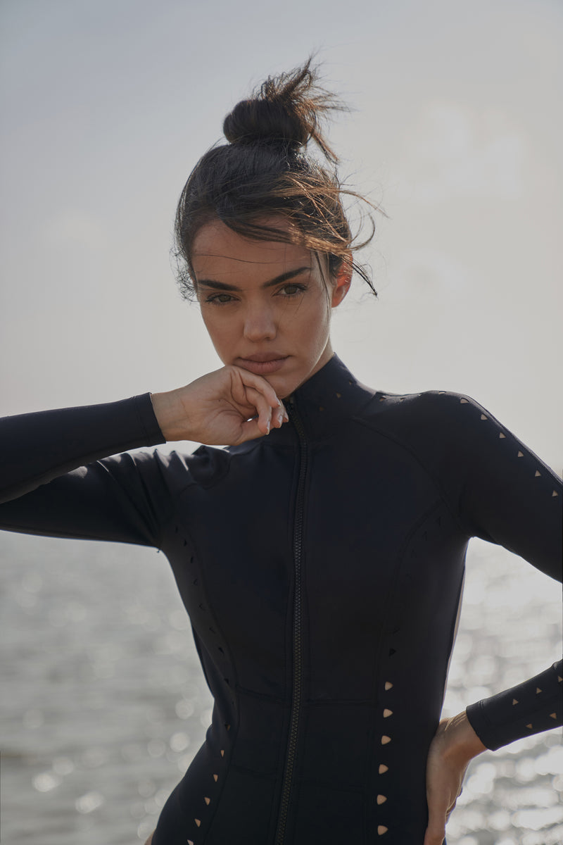 Long Sleeve Open Back Laser Cut Surfsuit | Black cut open Zip up front swimsuit