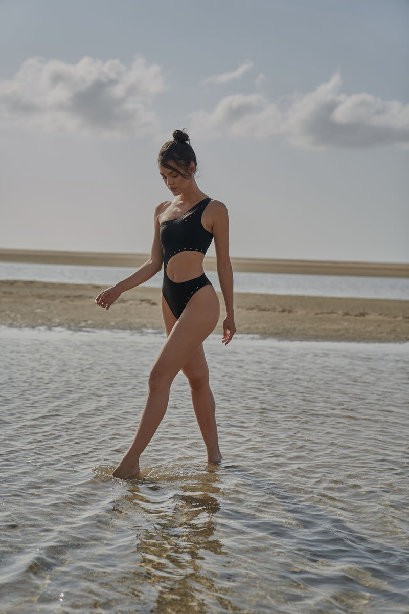 One Shoulder Laser Cut Swimsuit Black - Environmental shot#2