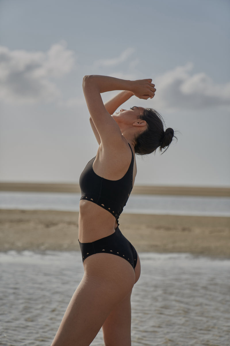 One Shoulder Laser Cut Swimsuit Black - side view