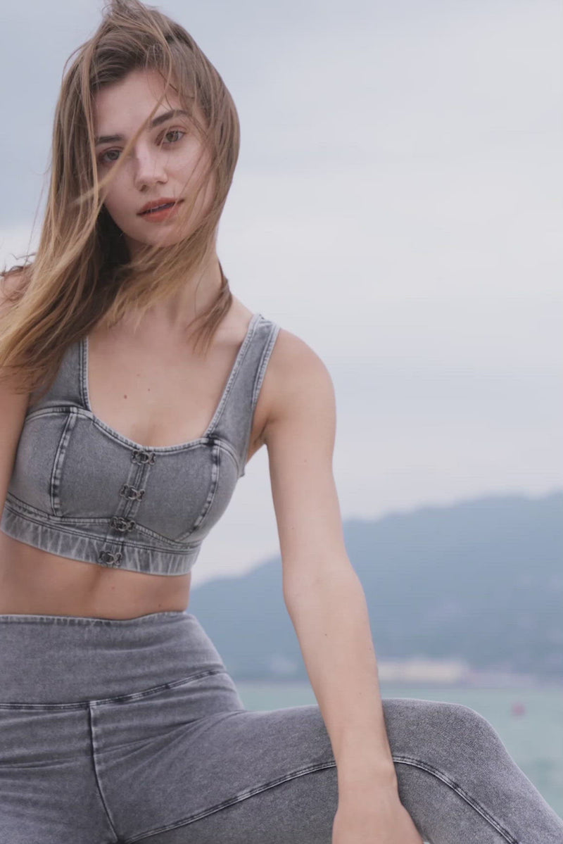 model wears WISKII denim activewear set