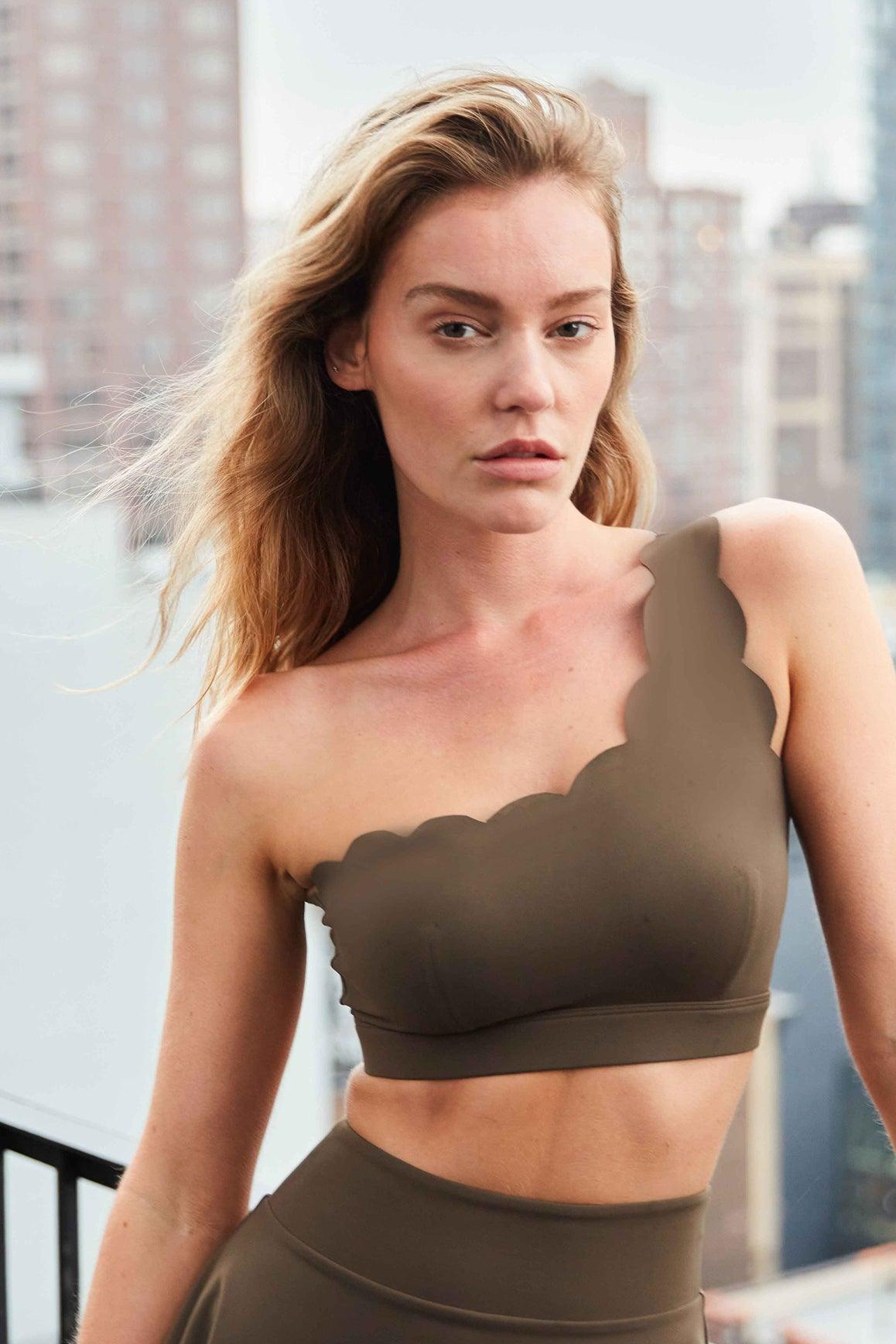 Dynamic One Shoulder Sports Bra in Olive Green